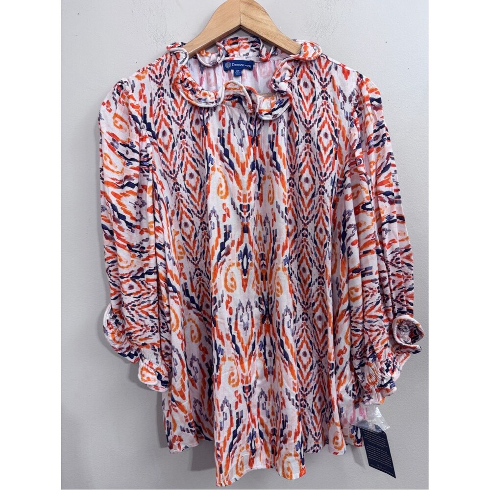 NWT Democracy Ikat Blouse Ruffle Neck Orange Navy 3/4 Sleeve size 2X Artsy Boho